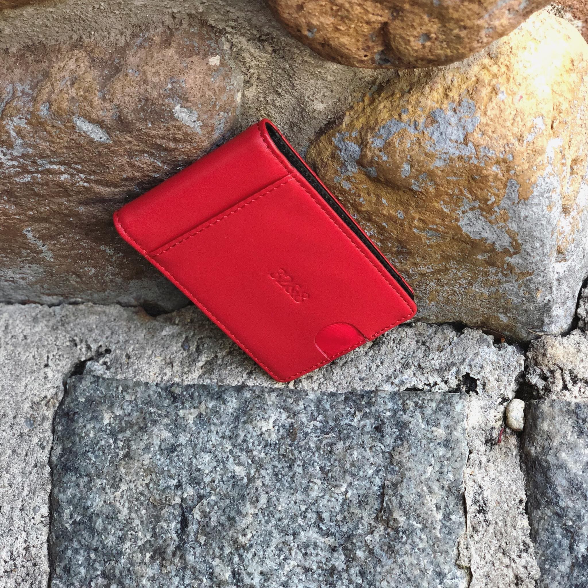 Scarlet wallet on rocks